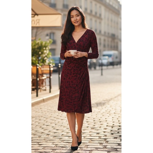 Ralph Lauren Dresses & Skirts - Ralph Lauren Dress 10 Red Black Geometric Print 3/4 Sleeve Faux Wrap Career